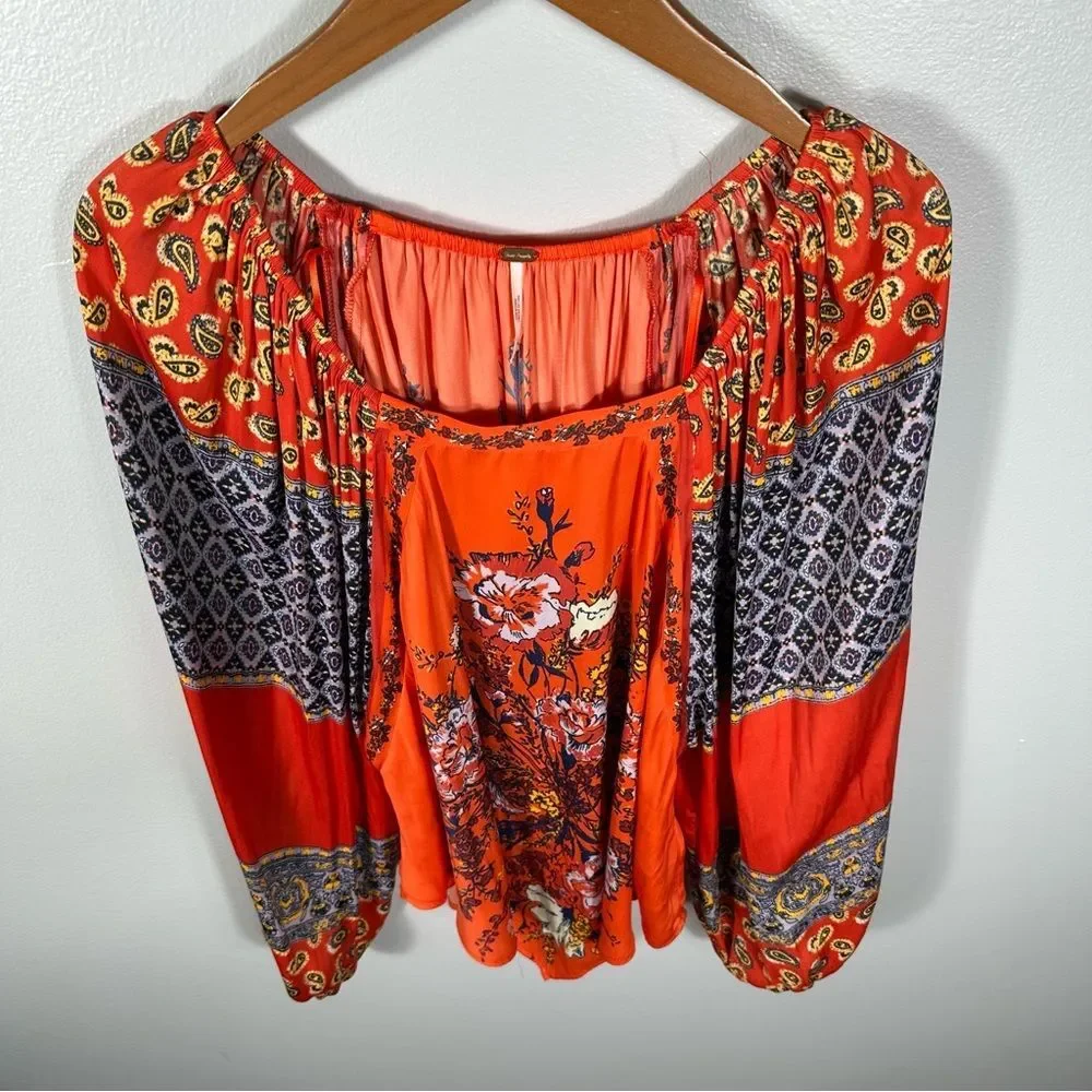 Free People Positano Print Blouse NWT Size XS Cherry Combo Boho Spring Chic